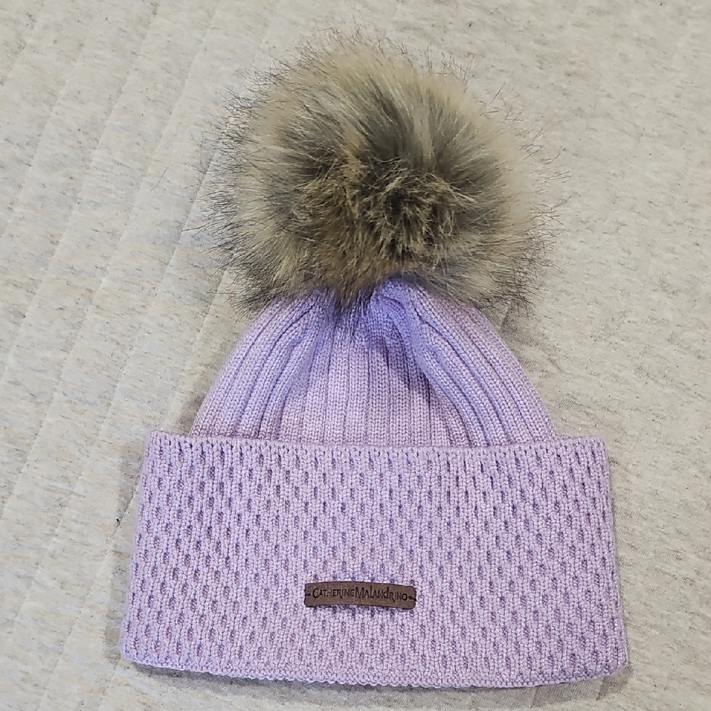 Catherine Malandrino Lavender Knit Beanie with Faux Fur Pom-Pom